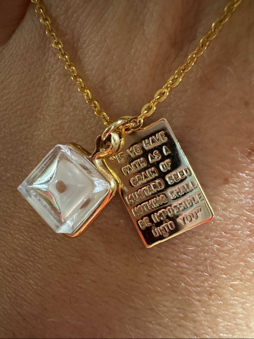 Gold-Tone Faith Quote Pendant Necklace with Clear Cube Charm